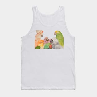 Watercolor of parrots: Cockatoo, caique, great alexander, African gray, baby macaw and amazon Tank Top